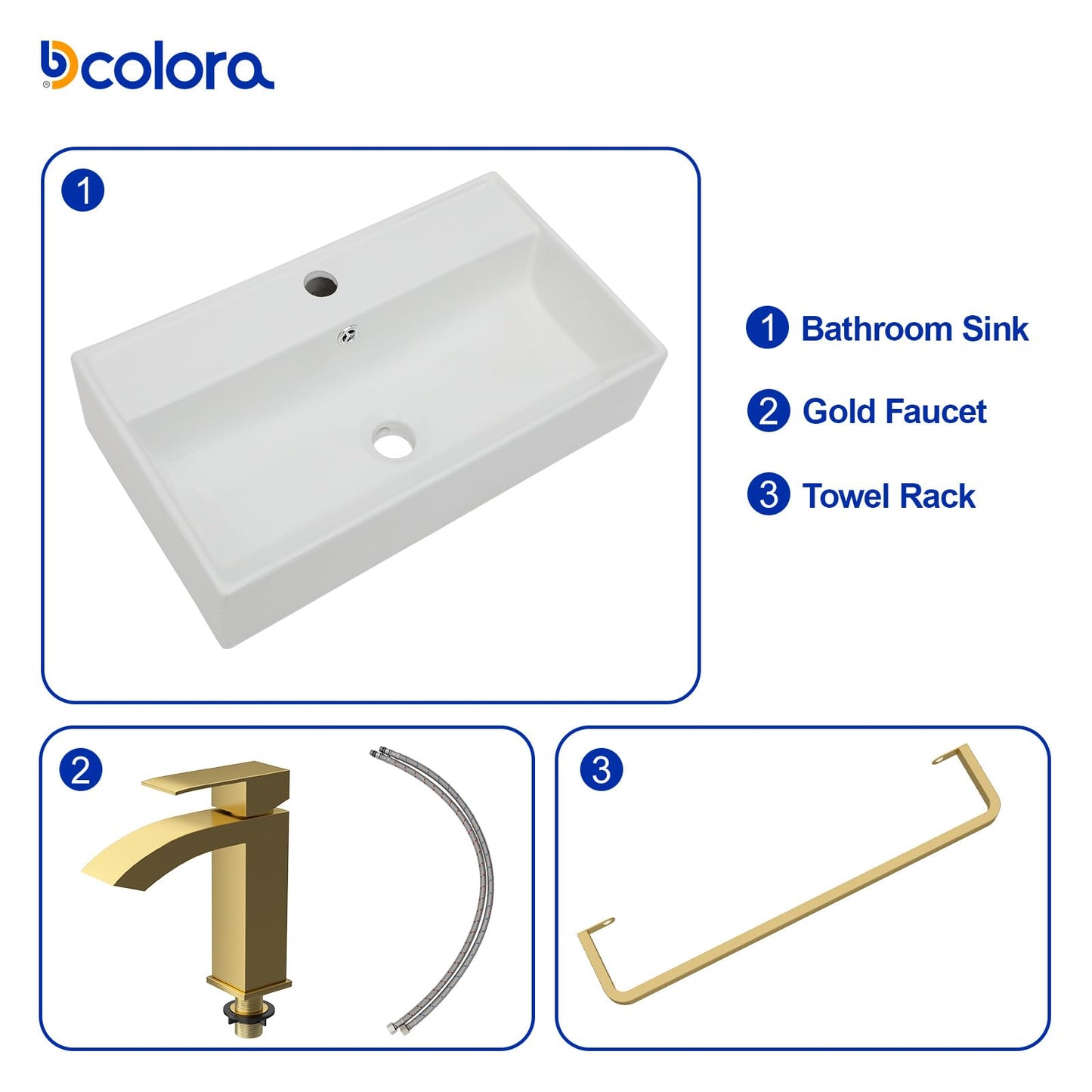 Dcolora 21 In. White Wall Mounted Bathroom Sink, Rectangular Ceramic Floating Wall Hung Sink with Gold Faucet & Towel Rack, Space-Saving Basin for Small Bathrooms #DC-SFDOE00088