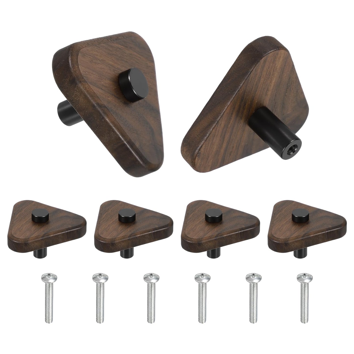 uxcell 6 Pcs Wood Cabinet Knobs, 2.2 Inch Triangular Single Hole Wooden Drawer Knobs Mushroom Shape Handle Pulls with Screws for Furniture Closet Dresser, Black Wood Color