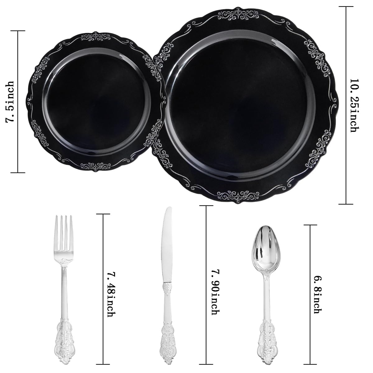 DaYammi 150 Pcs Black Silver Plastic Plates & Silver Plastic Silverware,Black silver Disposable plates for Include 30 Dinner Plate,30 Dessert Plate,30 Knives,30 Forks,30 Spoons for Party Wedding