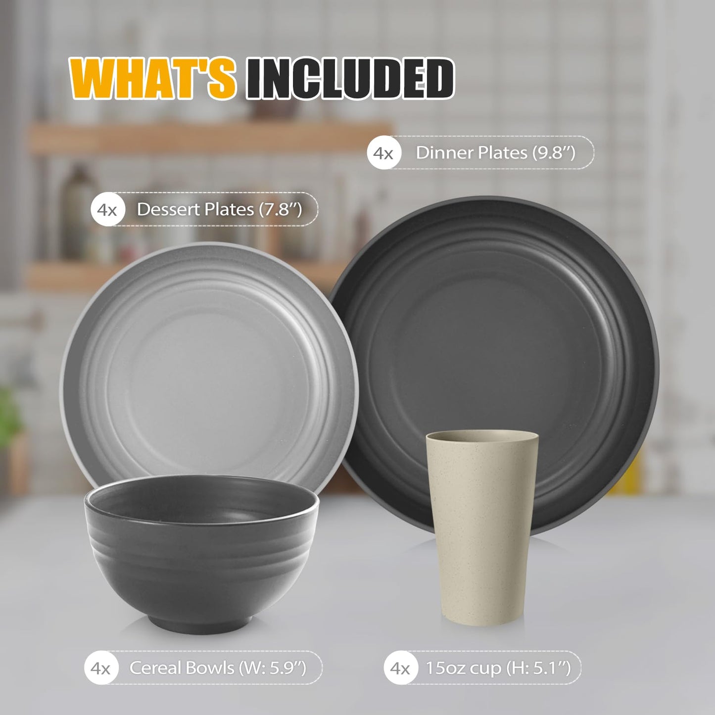 Teivio 16-Piece Kitchen Plastic Wheat Straw Dinnerware Set, Service for 4, Dinner Plates, Dessert Plate, Cereal Bowls, Cups, Unbreakable Plastic Outdoor Camping Dishes,Gray Stone
