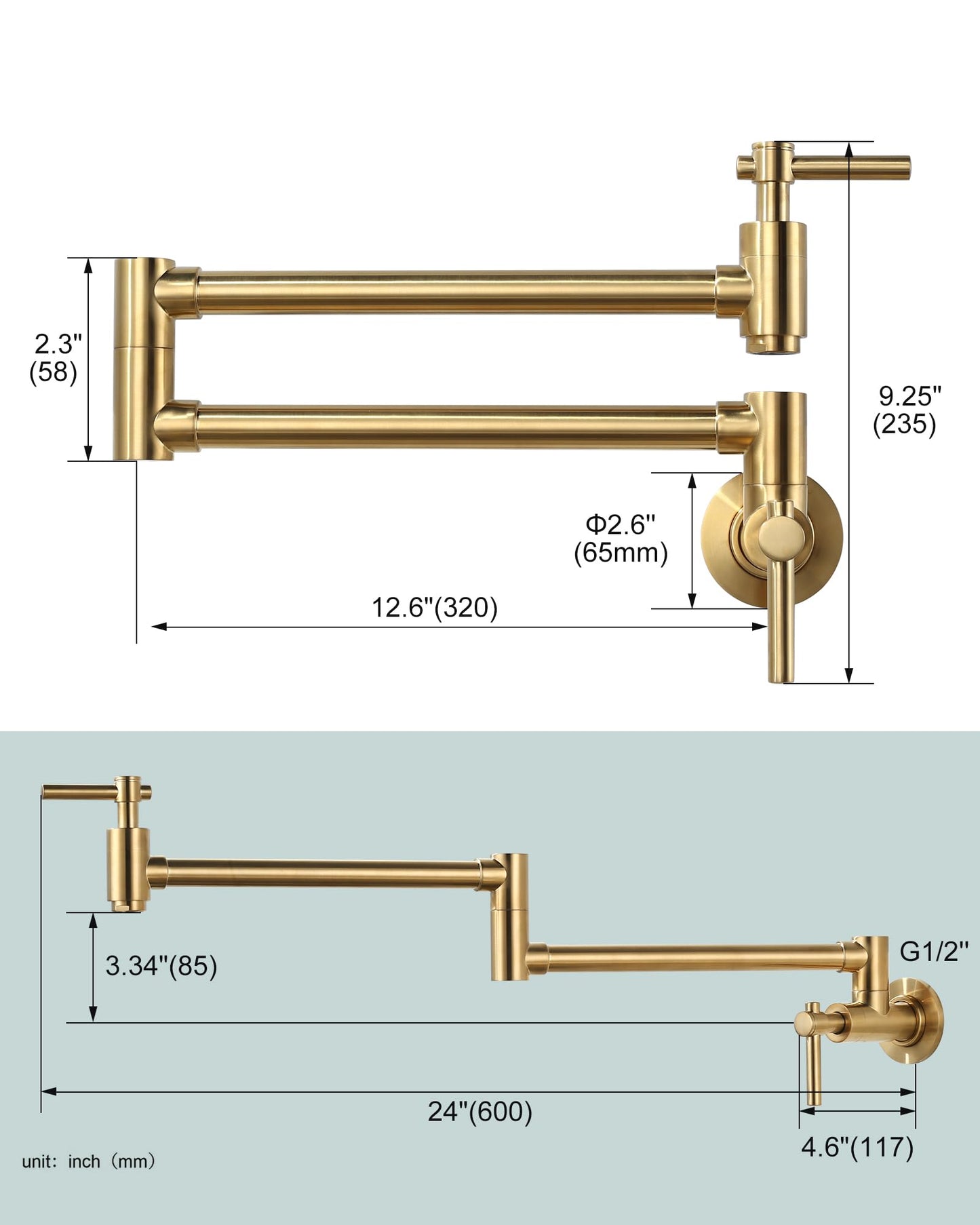 iVIGA Gold Pot Filler Faucet, Wall Mount Copper Folding Faucet 2 Handle with Double Joint Swing Arms, Single Hole Brass Kitchen Faucet Over Stove