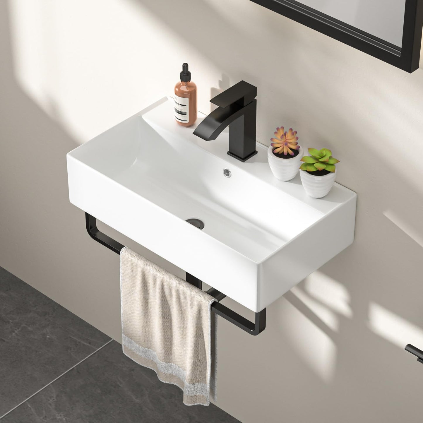 Dcolora 21 In. White Wall Mounted Bathroom Sink, Rectangular Ceramic Wall Hung Sink with Black Faucet & Towel Rack, Space-Saving Basin for Small Bathrooms #DC-SFDOE00089