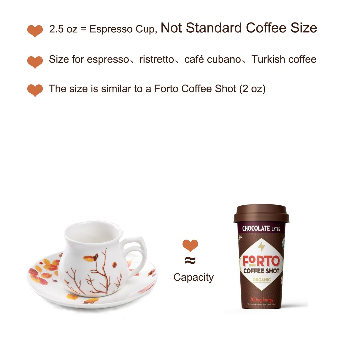 GuangYang 2.5 oz Espresso Cups and Saucers set of 6,Fall Design (Cute Shape for Double Espresso Shots, Ristretto, Macchiato,Café Cubano, and Turkish Coffee)