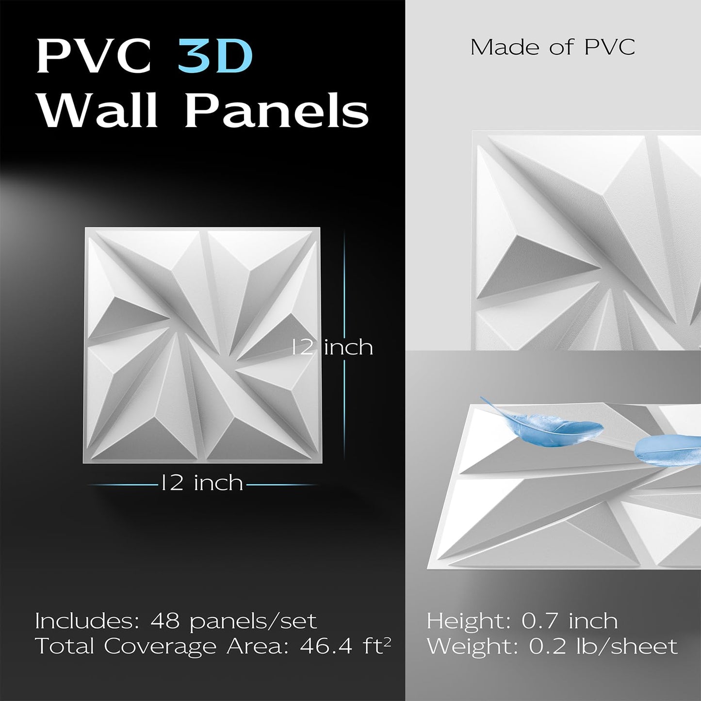 48-Pack 3D Wall Panels, 94" x 70" Textured Geometric Design Wall Tiles, PVC Decorative Wall Panels for Living Room, Bedroom, Bathroom, Office, Modern Wall Decor, Easy Install & Paintable - White