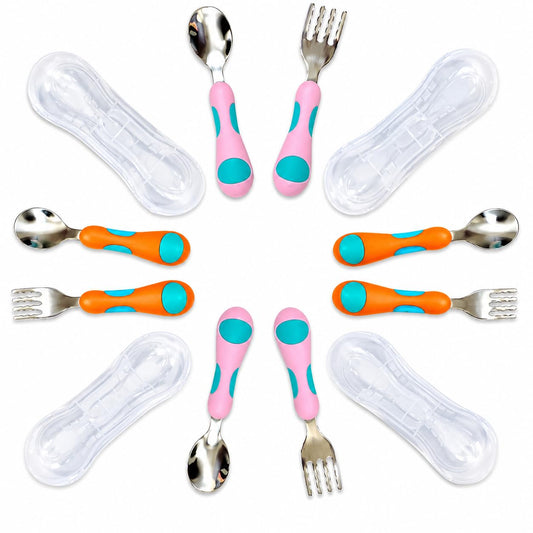 Toddler Silverware, Kids Utensils, Stainless Steel Forks Spoons Set With Travel Case For 1 2 3 & 4 Year Old. Metal Cutlery for Children Girls Boys Baby, Round Handle 8 Pieces (4 Sets) Pink Blue Orange