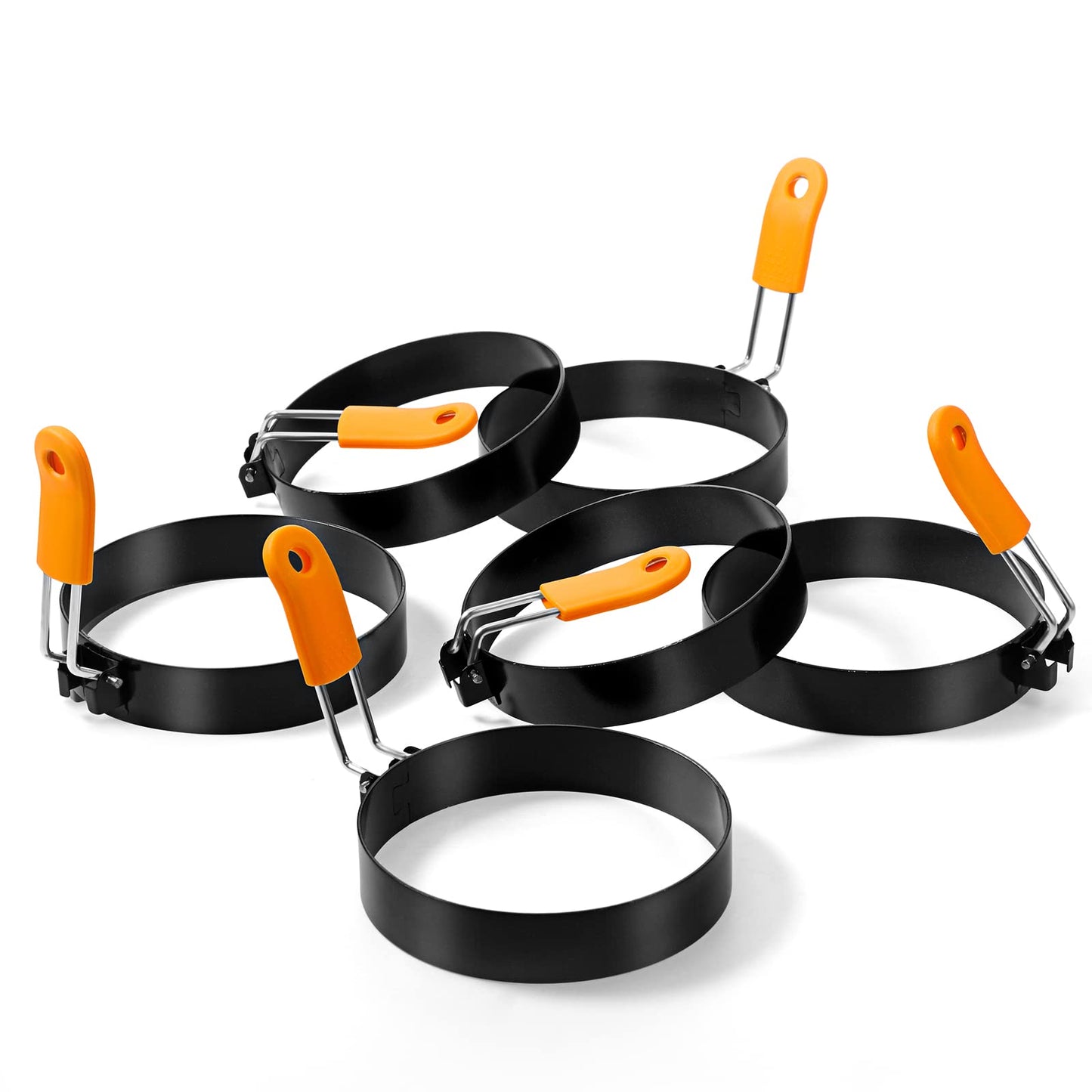 Patelai 6 Pcs Professional Egg Ring Pancake Ring Set Stainless Steel Fried Egg Molds Griddle Pancake Shapers with Orange Silicone Handle for Breakfast Omelette Sandwich(4 Inch)