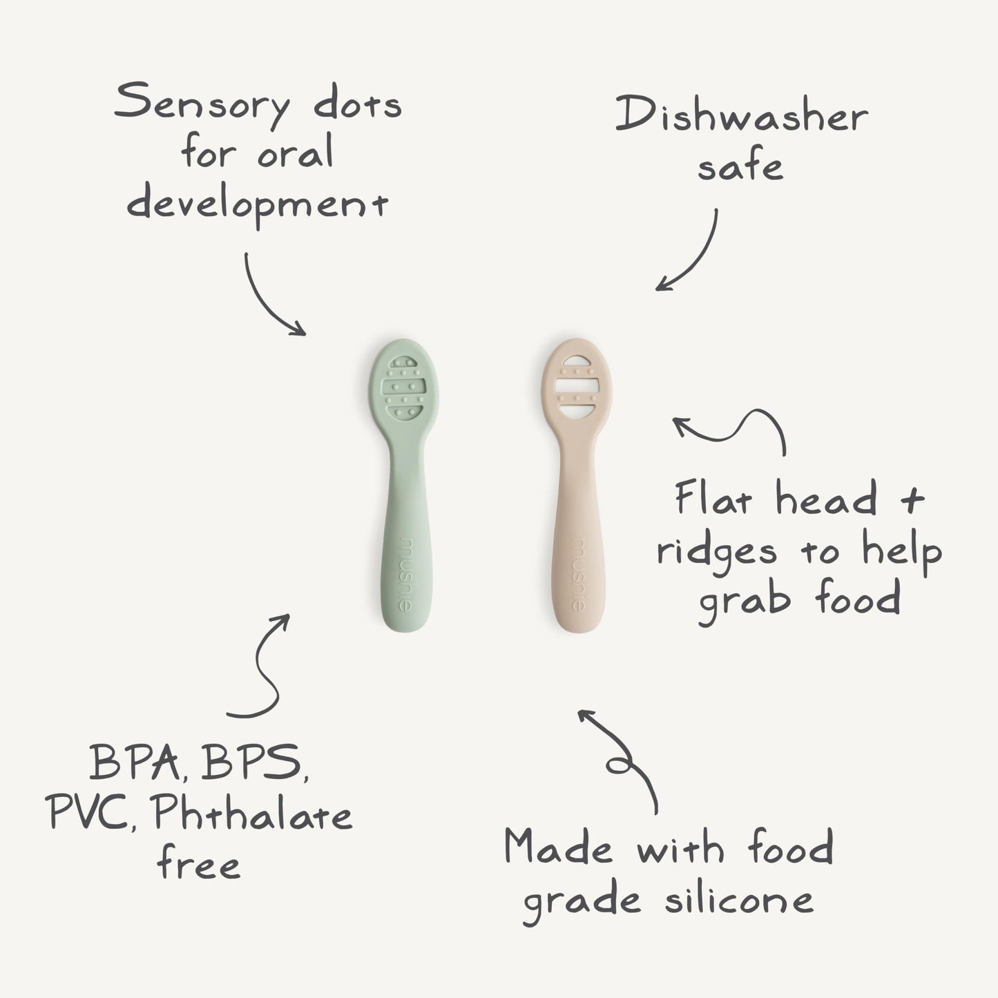 mushie Silicone First Feeding Baby Spoons | 2 Pack (Tradewinds/Shifting Sand)
