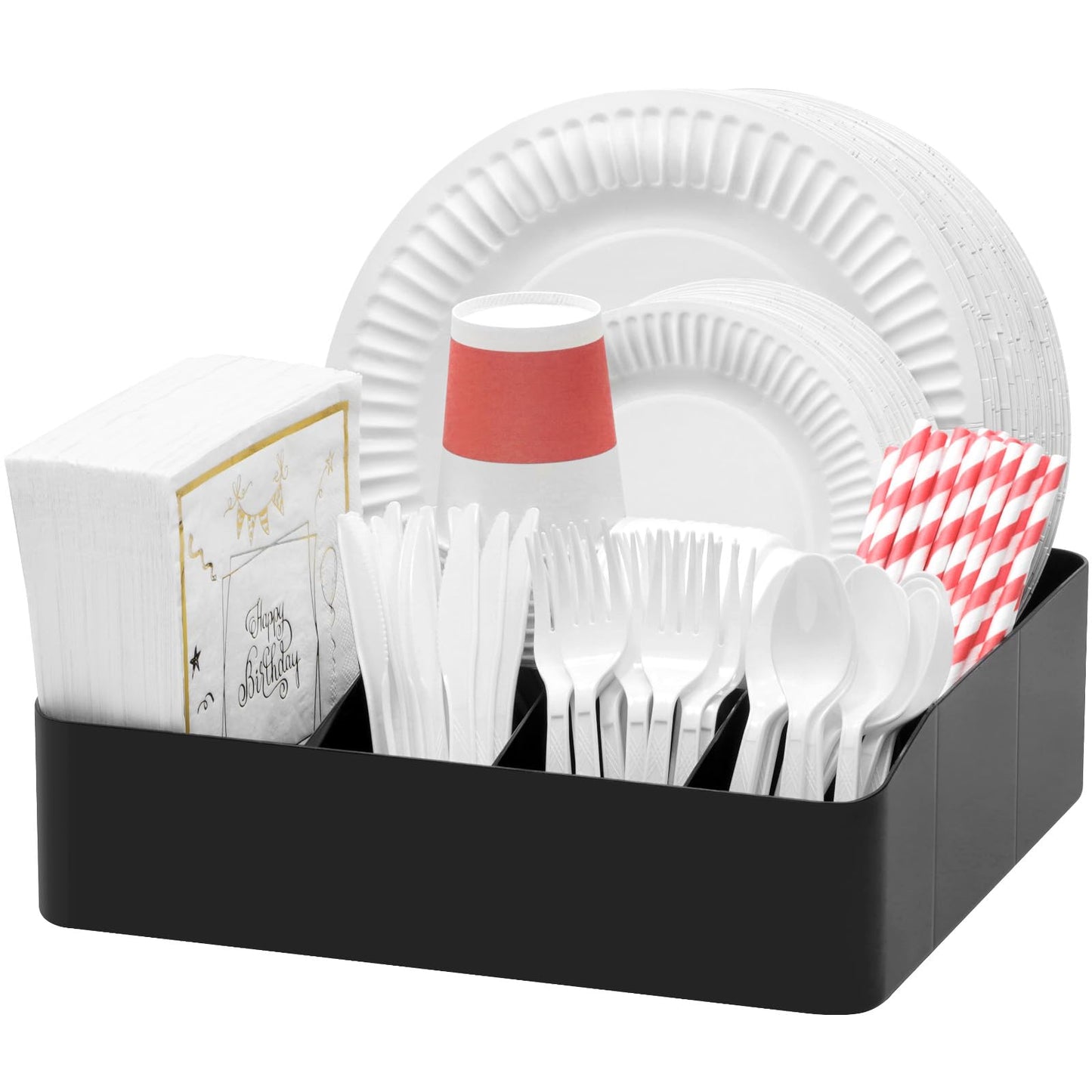 Lifewit Paper Plate Organizer for Kitchen Countertop, Plastic Silverware Caddy for Party, Utensil Holder with 7 Compartment, Cutlery Flatware Dispenser Box for Cup Spoon Fork Napkin, Black, 29 -31cm