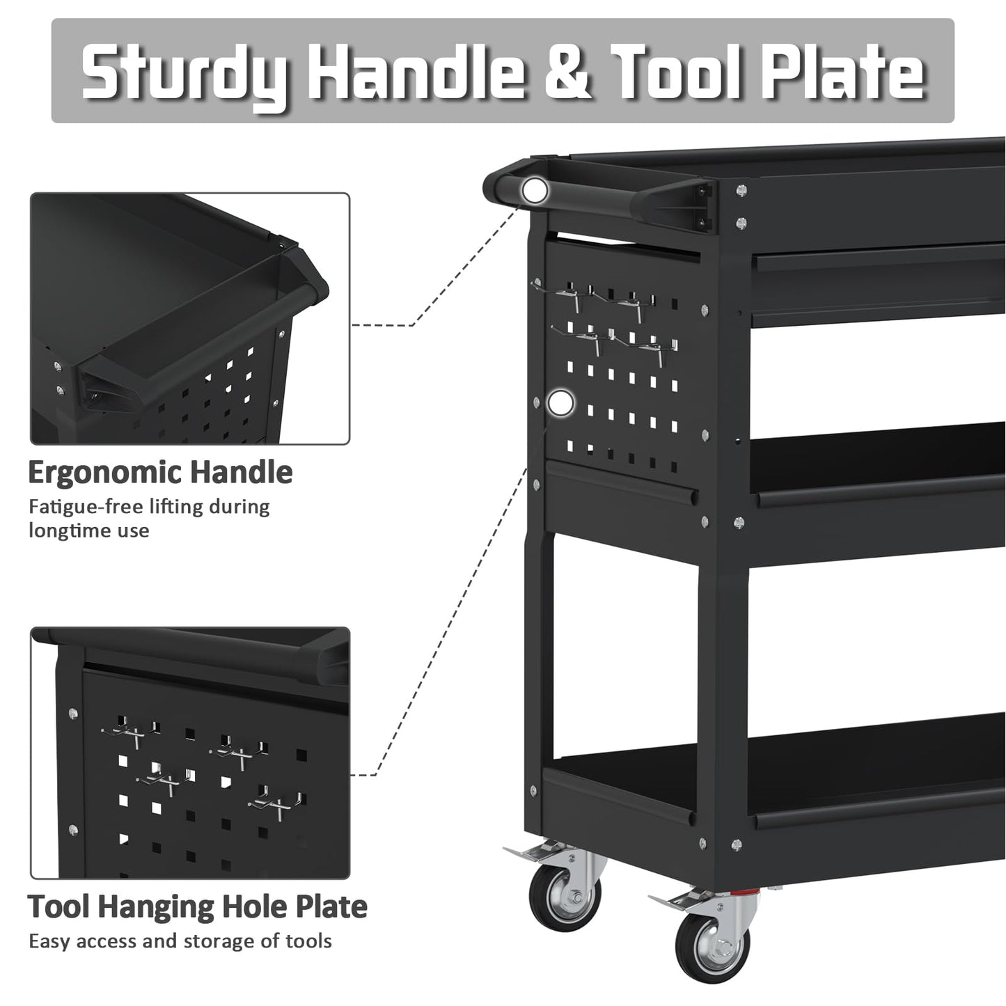 Pelnuies 3 Tier Rolling Tool Cart with Drawers, 400 LBS Capacity Mechanic Tool Cart on Wheels, Heavy Duty Utility Cart with Pegboard, Metal Work Cart for Garage and Repair Shop, Matte Black