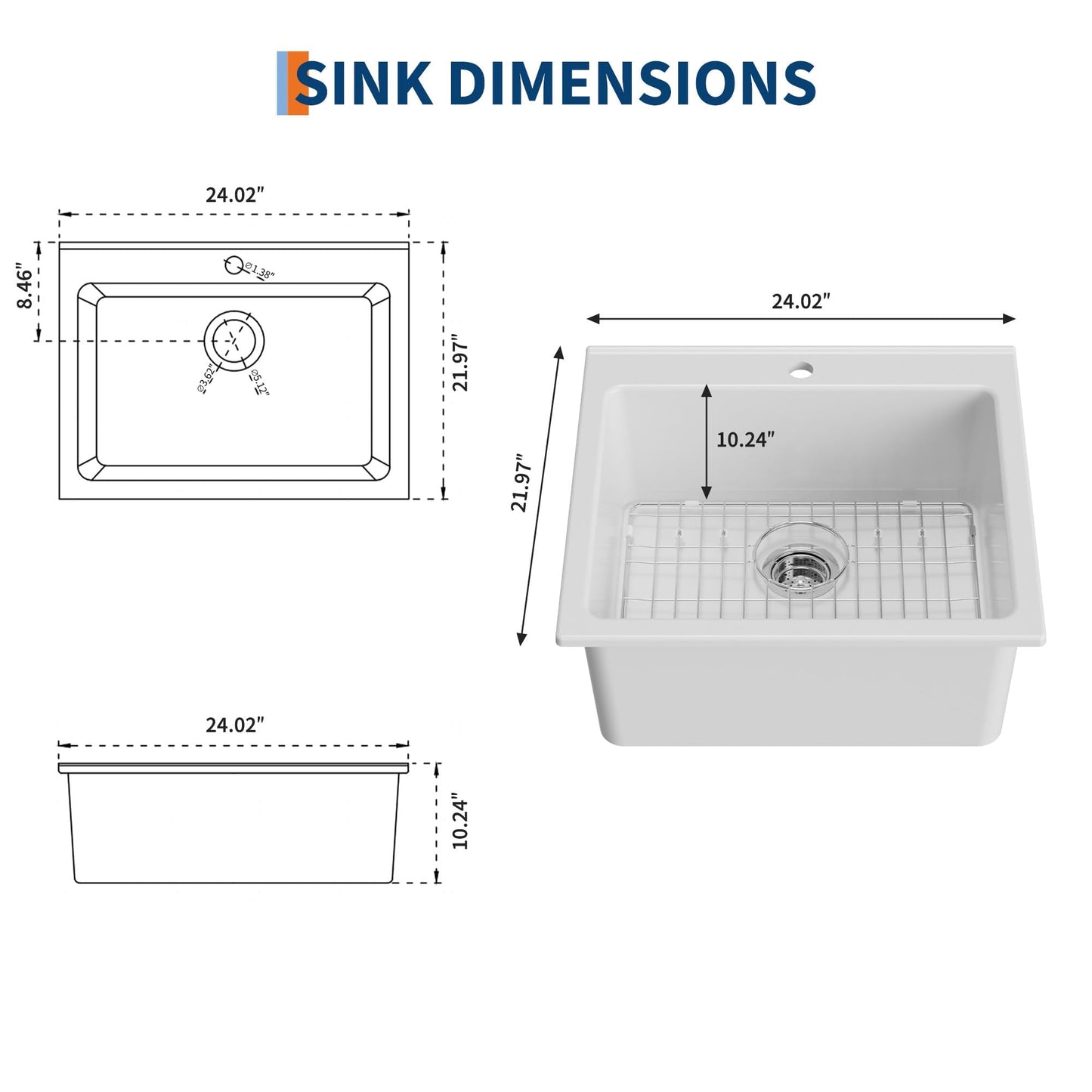Kitchen Sink 24 Inch, Single Bowl Farmhouse Sink, Drop-in Mount, Fireclay Ceramic Basin for Kitchen, Laundry Room