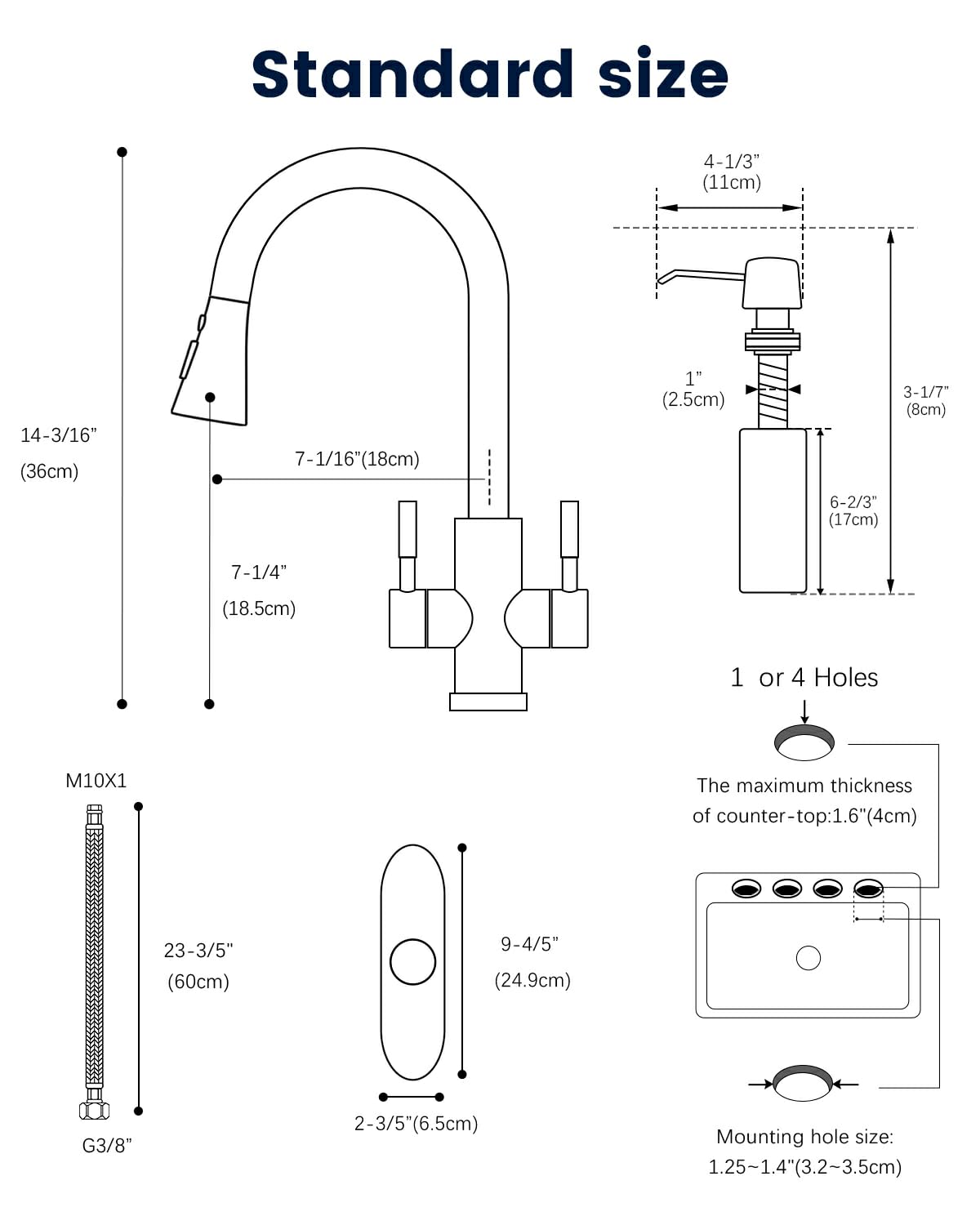 DAYONE 2 Handle Kitchen Faucet with Soap Dispenser, Two-Handle Kitchen Sink Faucets with Pull Down Sprayer Brushed Nickel, Stainless Steel 1 to 4 Holes Faucet for Sink