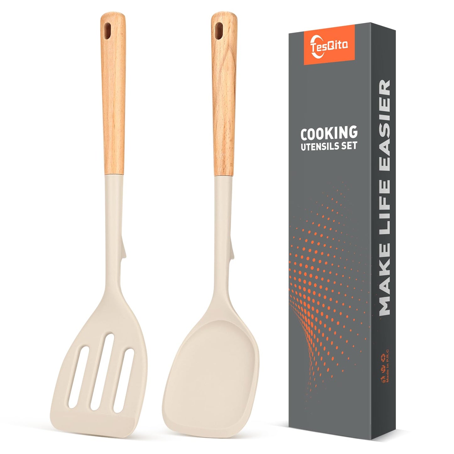 Silicone Cooking Spatula, Heat Resistant Solid Turner, Slotted Spatulas with Wooden Handle,Ideal Wood Kitchen Utensils Set for Frying, Baking, Flipping, Turning,Pack of 2 (Khaki)