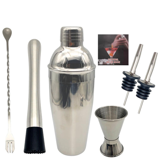 7-Piece Cocktail Shaker Set, Bartender Kit, Home Bar Accessories, Mixing Spoon, Measuring Jigger, Pour Spout, Muddler ，23oz Shaker with Built-in Bartender Strainer，Stainless Steel Bar Set