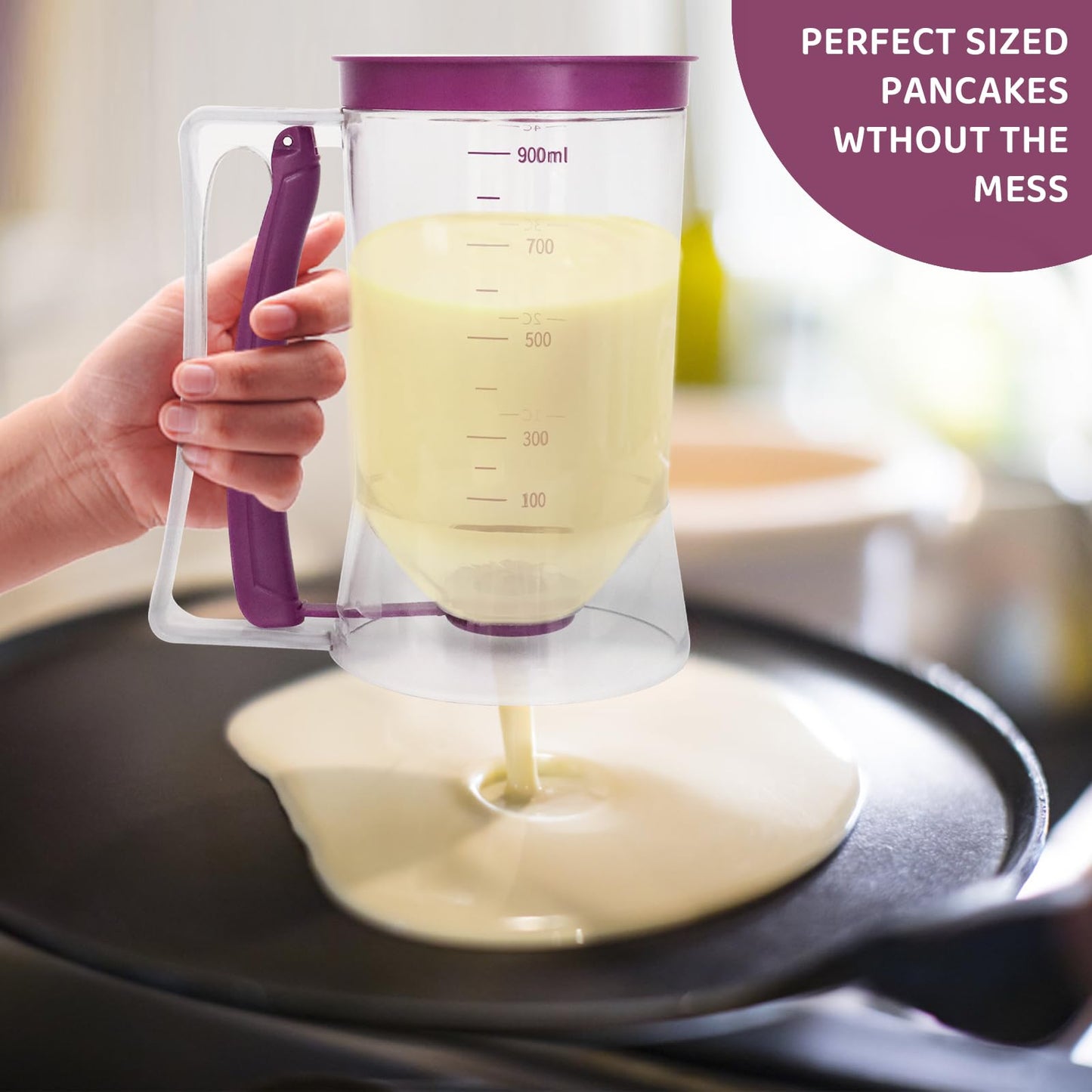 MIWOGA Pancake Batter Dispenser, Kitchen Must Have Tool for Perfect Pancakes, Cupcake, Waffle, Cake & Crepe, Batter Separator Maker with Measuring Label, Easy Pour Baking Supplies for Griddle (Purple)