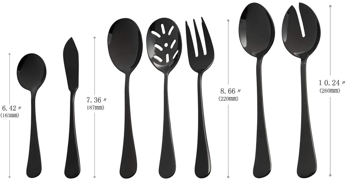 culterman Black Serving utensils set. Stainless Steel Hostess Flatware Sets 7-Piece Includes Silverware Large Salad Spoons,Forks,knifes.Dishwasher Safe.