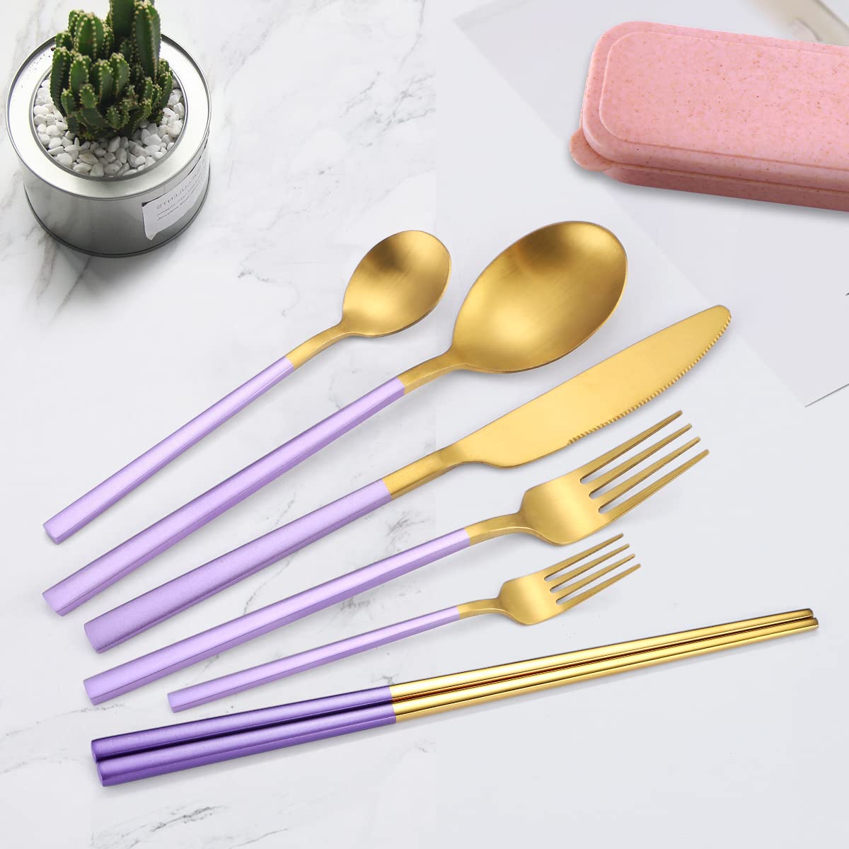 AARainbow 8 Pieces Stainless Steel Flatware Set Portable Reusable Cutlery Set Travel Utensils Set Including Chopsticks Knife Fork Spoon Straws Cleaning Brush Dishwasher Safe (B-Purple Golden)
