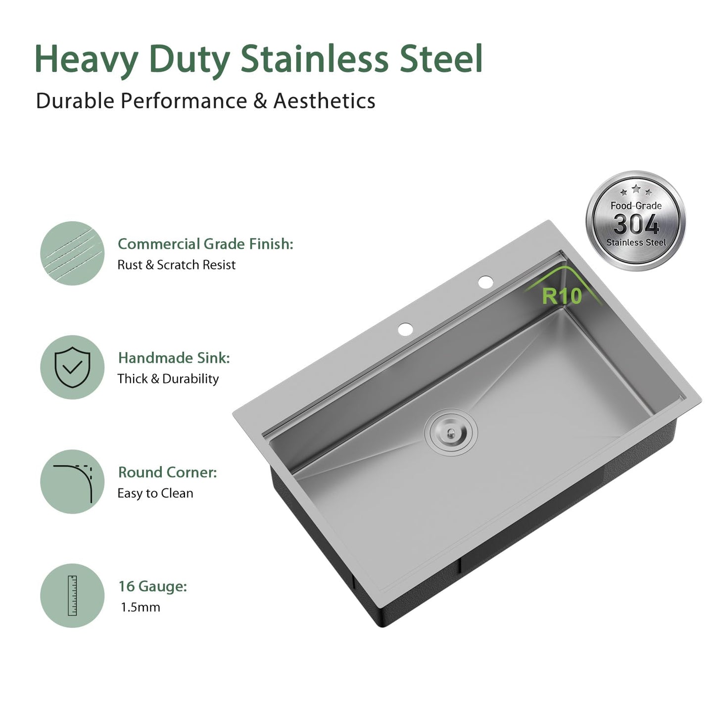 33x22 Drop In Kitchen Sink Workstation - Couoko 33 Inch 16 Gauge T304 Stainless Steel Drop In Sink Large Deep Handmade Single Bowl Kitchen Sinks with Accessories, 33"x22"x9"