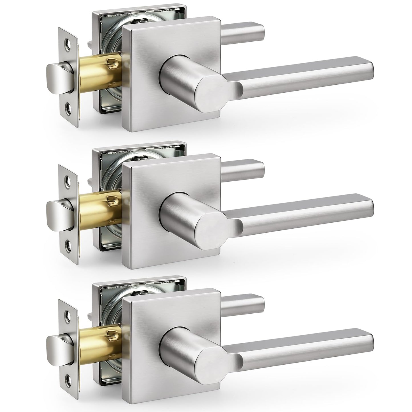 Probrico Brushed Nickel Passage Door Handles, 3 Pack Non-Locking Levers for Closet & Hallway, Modern Reversible Interior Door Hardware