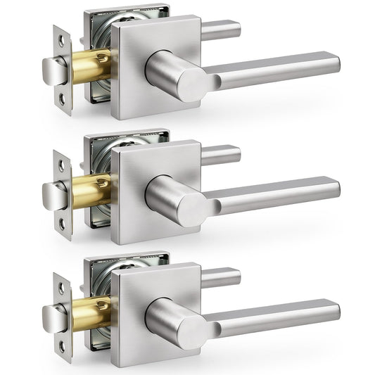 Probrico Brushed Nickel Passage Door Handles, 3 Pack Non-Locking Levers for Closet & Hallway, Modern Reversible Interior Door Hardware