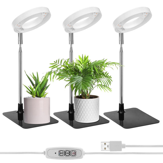 QWORK Grow Lights for Indoor Plants, 3 Pack Full Spectrum LED Desk Grow Lamp, 7-25 in Adjustable Height, Auto Timer 2/4/8H, 4 Dimmable Levels, USB Powered