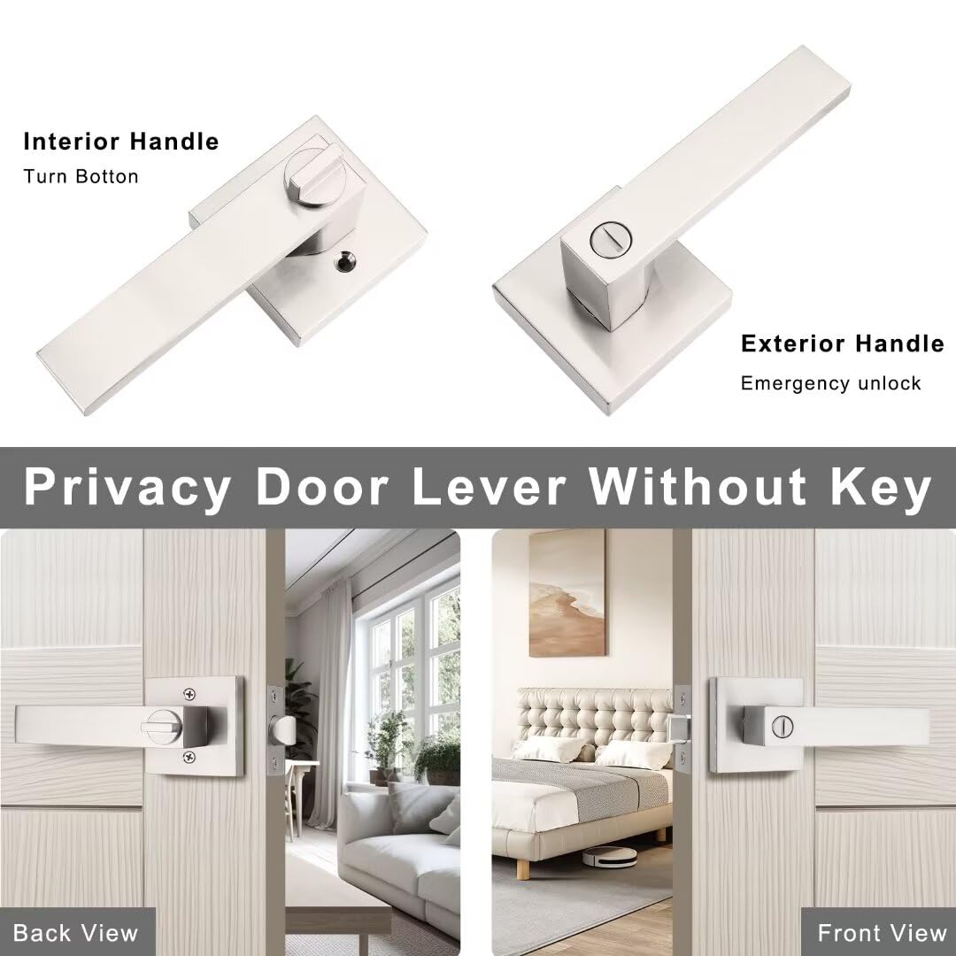 NIZADO 10 Pack Brushed Nickel Bed Bath Door Lever, Square Privacy Lever Door Handles, Keyless Heavy Duty Interior Door Handles, Reversible for Left Right Doors