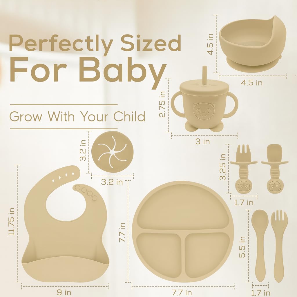 Happy Munchkins Silicone Baby Feeding Set | 9 PCS Baby Led Weaning Supplies Feeding Utensils | Divided Suction Plate Bowl Bib Cup Baby Spoons Forks | Toddler Eating Essentials-6+ Months (Beige)