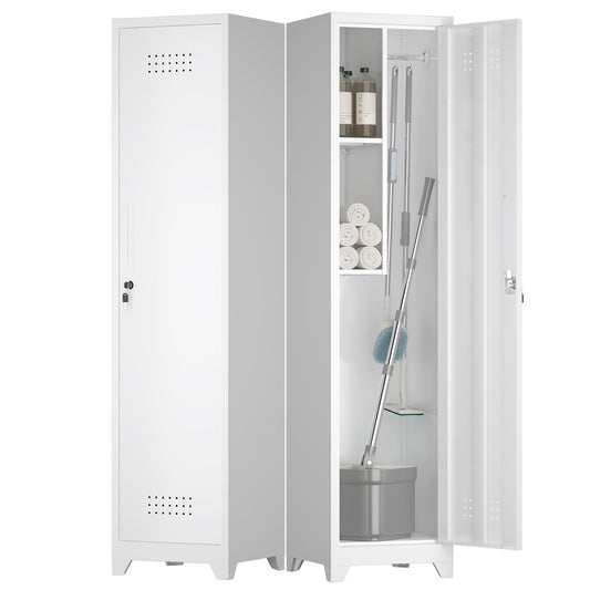 FATIGOS Slim Broom Closet Storage Cabinet, 65" H Metal Cabinets with Lock and Shelves & S-Hooks, Utility Closet, Narrow Storage Cabinets for Home Office, Pantry, Bathroom, Garage, White