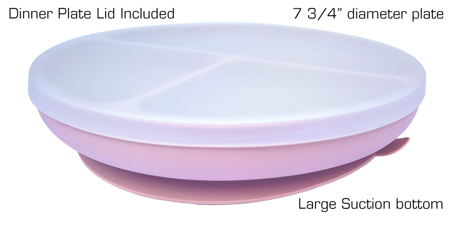 Kotaria 9 Piece Pink Toddler Silicone Dinner Set. Includes Bib, Suction Compartment Plate with lid, Cup with Straw and lid for Snack time, Bowl, Fork and Spoon.