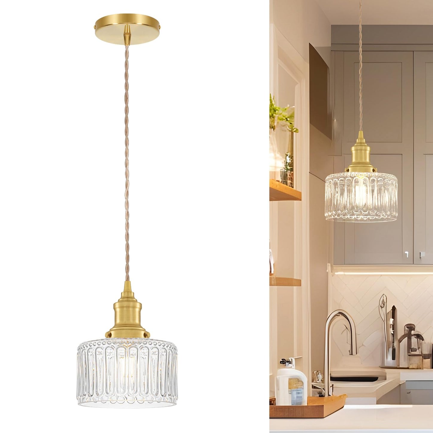 Ditoon Vintage Pendant Lights for Kitchen with Clear Striped Glass Shade, 6.9 In Brushed Gold Pendant Lights Kitchen Island, Small Kitchen Island Lighting Adjustable Hanging Light for Entrance Hallway