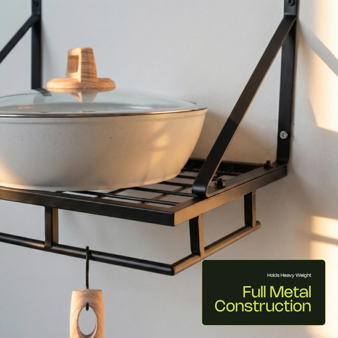 Caldwell Kitchen Co Pot and Pan Shelf – Heavy-Duty Adjustable Cookware Rack for Cabinet or Countertop | Space-Saving Kitchen Organizer for Pots, Pans & Lids Storage