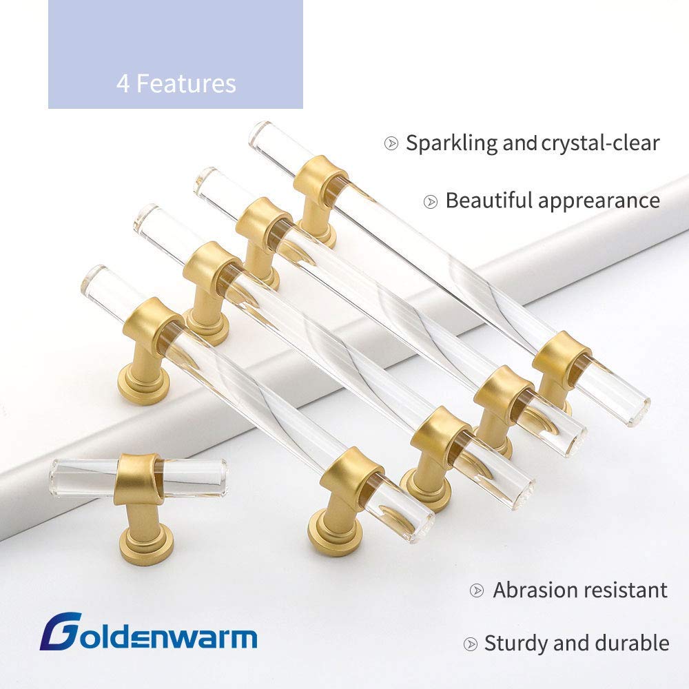 Goldenwarm 10 Pack 3-1/2 Inch Matte Gold Cabinet Pull Clear Acrylic Furniture Hardware Glass Cabinet Hardware for Kitchen Cupboard Bathroom