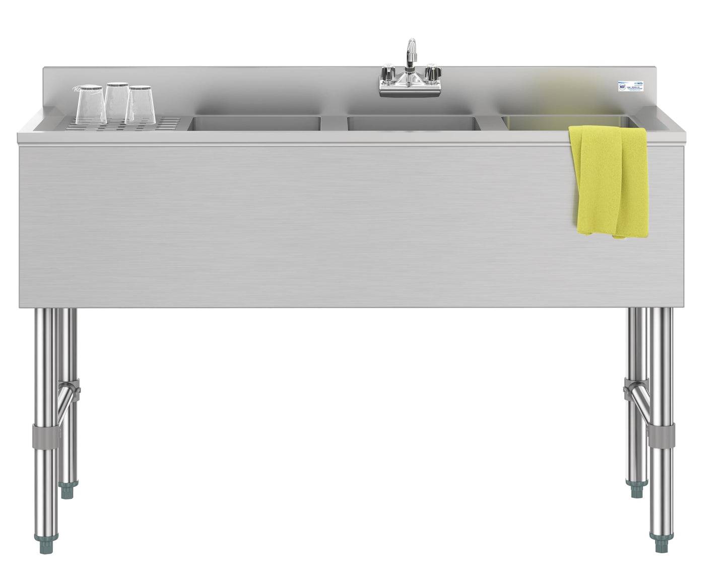 KoolMore 48 in. Three-Compartment Commercial Under-Bar Sink with 3 in. Backsplash, Left Drainboard and Low Lead Faucet, NSF Certified in Stainless Steel