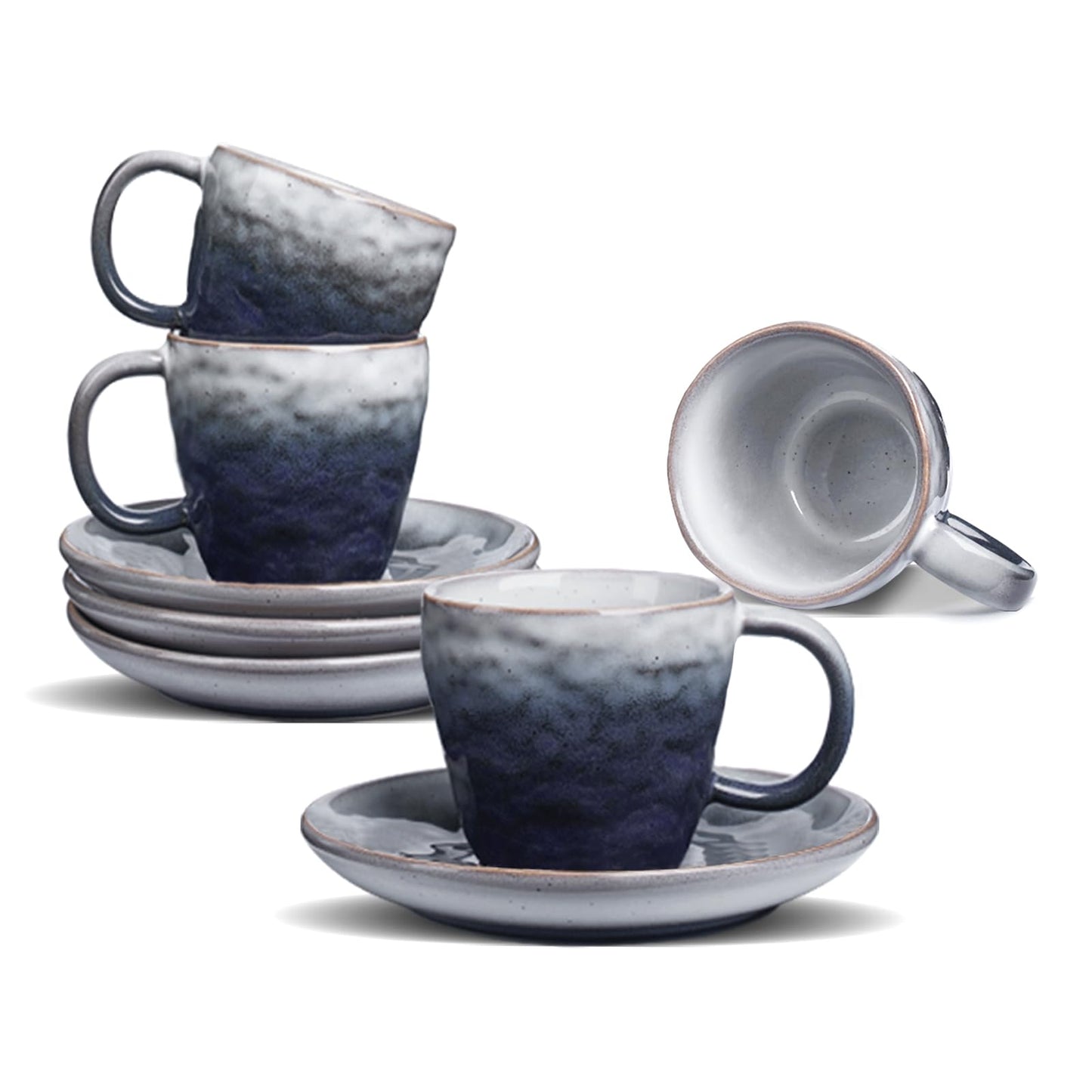 BOILMERIT 3 oz Espresso Cups Set of 4, Mini Italian Double Espresso Coffee Cup, Vintage Small Ceramic Demitasse Cups with Saucer for Lungo Coffee, Blue