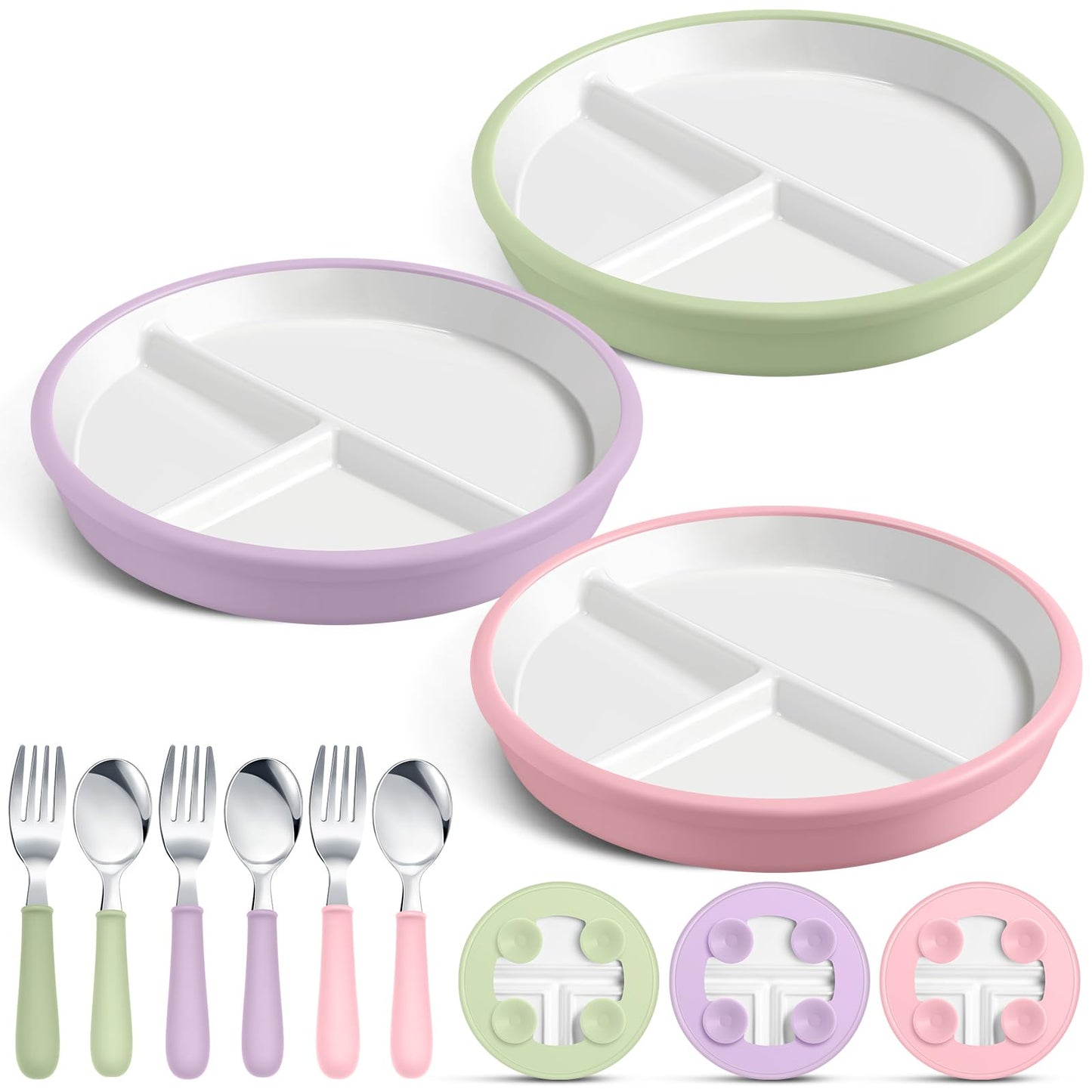 Teenyyou 3 Pack 8" Large Porcelain Toddler Plates Feeding Set, Ceramic Kids Suction Plates with Anti Slip Silicone Sleeve for Baby 3 Spoons and Forks Divided Kids (Green,Pink,Purple)