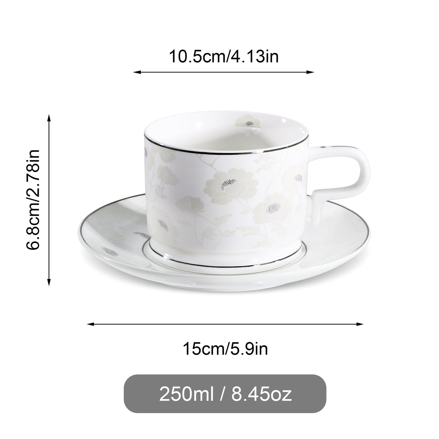 fanquare 7 Ounces Bone China Teacup and Saucer Set for 6, Silver Trimmed Peony Floral Porcelain Coffee Cup with Anti-Slip Design for Home Office Wedding