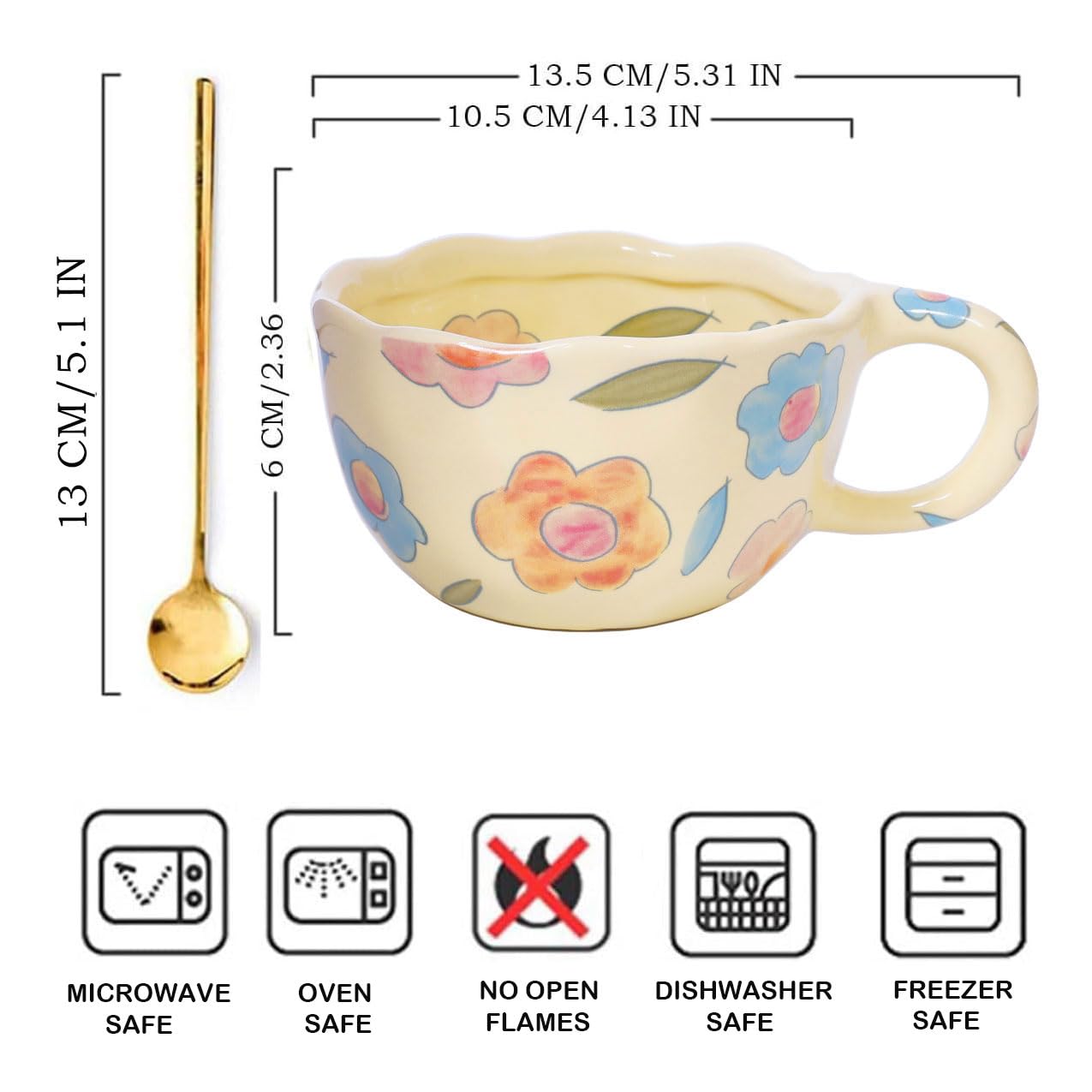 4 pcs Ceramic Coffee Mug 8.5oz Cute Floral Coffee Mug Retro Floral Cup with Handle Spoon Irregular Latte Art Cup Valentine's Day Gift Office Home Dishwasher and Microwave Safe (4-piece set A)