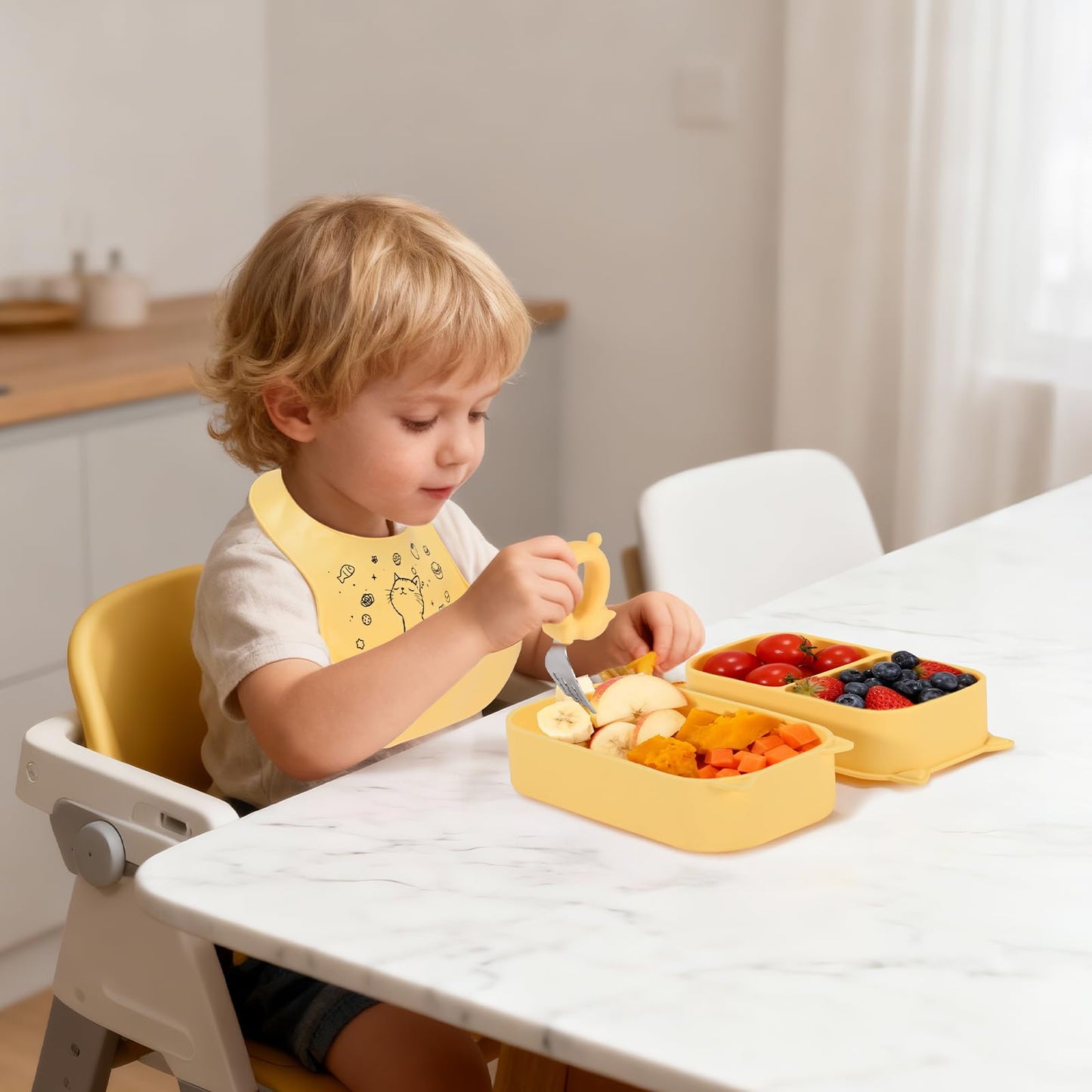 Mossora Portable Baby Plates with Suction, 6Pcs Travel Silicone Feeding Set for Toddlers, Foldable, Non-Slip Dishwasher Safe Plates & Utensils, BPA Free, Cat Design Gift Ready(Pale Yellow)