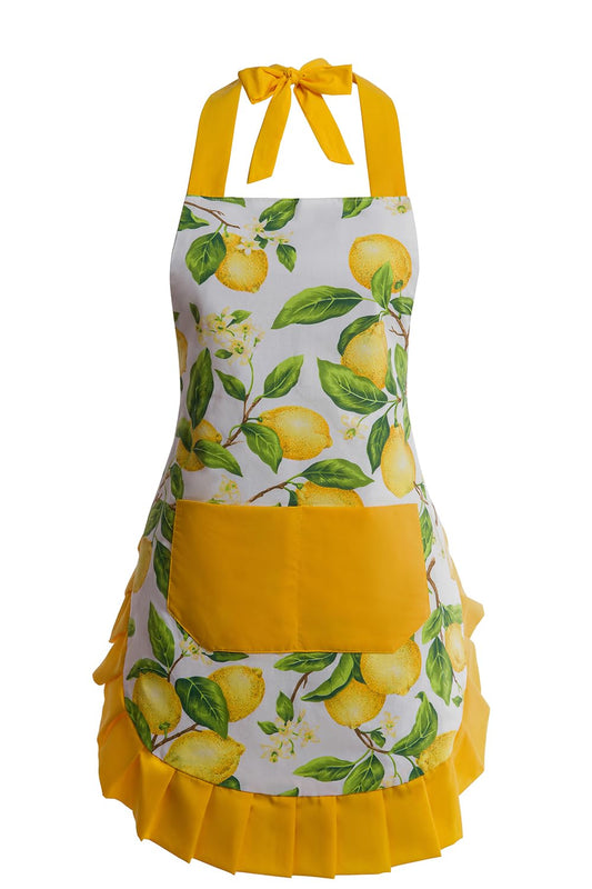 Alex Virtue Vintage Floral Apron for Women with Functional Pockets Adjustable Neck Strap for Cooking Baking Mother's Gift (Lemon)