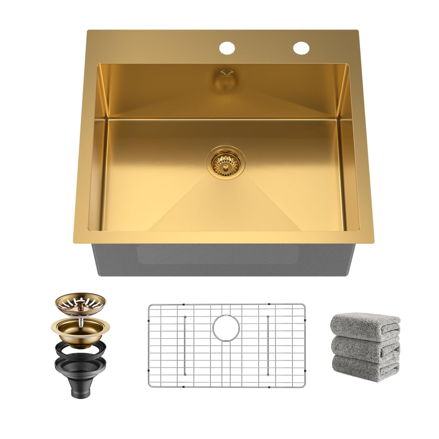 Drop In Kitchen Sink 27 Inch Gold Top Mount Sink 16 Gauge Stainless Steel 2-Hole Deep Single Bowl Kitchen Sinks 27"X22"X10"