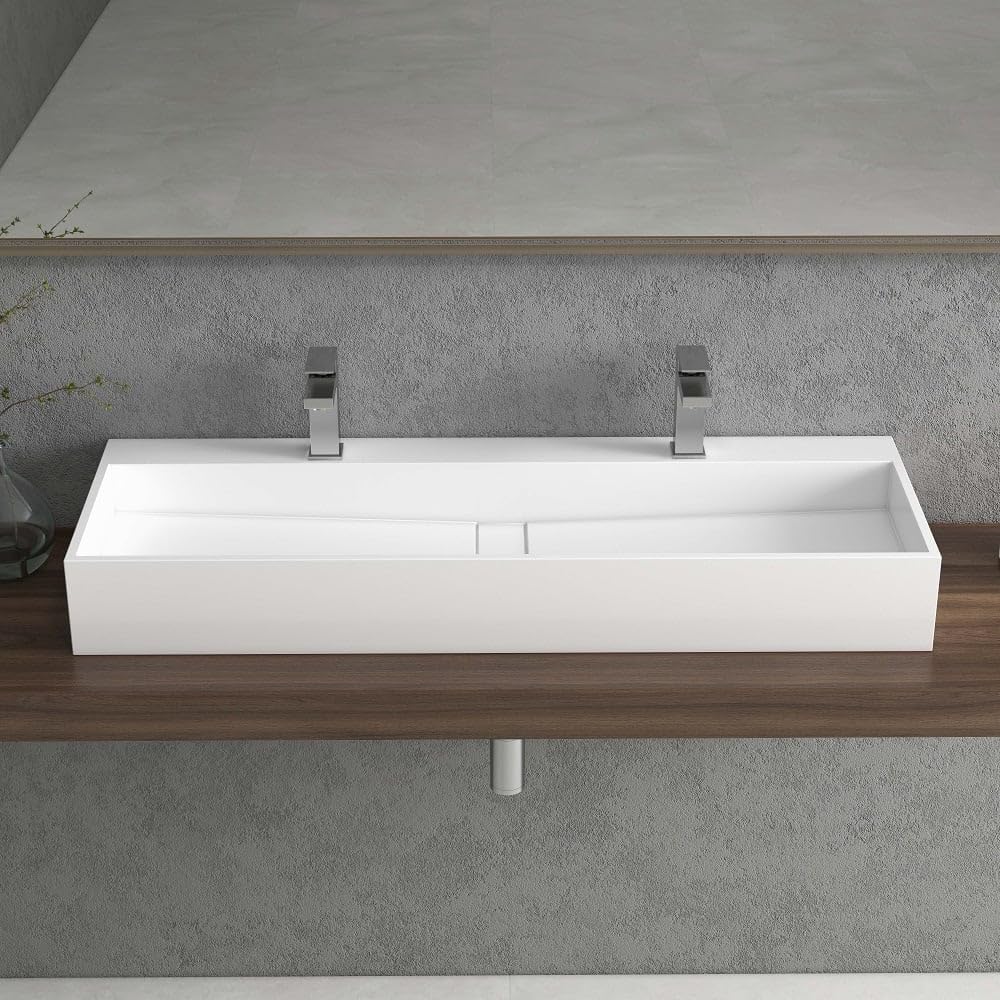 Weibath 47 Inch Wall-Mount Double Sink Stone Resin Trough Bathroom Sink with 2 Faucet Holes (Glossy White)