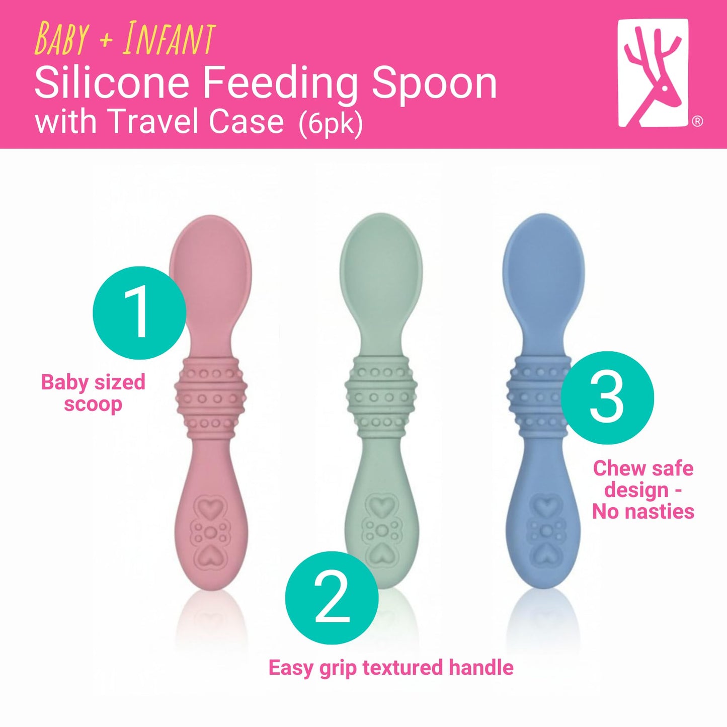 Elk and Friends Silicone Baby Spoons | Travel Case Included | First Stage Infant Toddler Spoon | Baby Led Weaning Stage | Dishwasher Safe