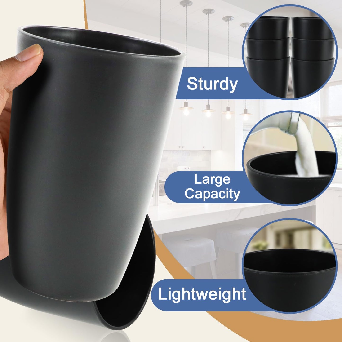 BUSOKIP 20 OZ Wheat Straw Cups SetS of 6, Unbreakable Drinking Cup, Alternative to Plastic Cups Reusable, Microwave & Dishwasher Safe Big Cup, Large Drinking Glasses for Kitchen, Party (Black)