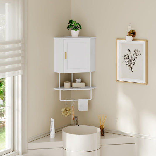 MAHANCRIS Bathroom Wall Cabinet, Corner Wall Mount Medicine Cabinet with Adjustable Shelf & Towel Bar, 3-Tier Over Toilet Storage Cabinets for Bathroom Laundry Room Kitchen, for Small Space, White