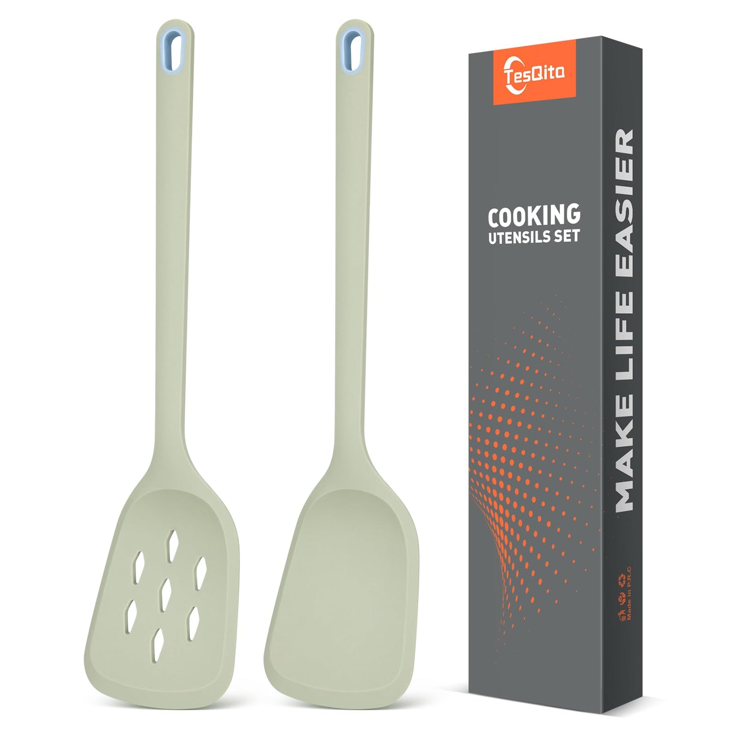 Silicone Cooking Spatula&Slotted Spatulas, Pack of 2,Solid Turner Kitchen Utensils Set for Cooking,Frying, Baking, Flipping, Turning,Heat Resistant 450℉ (Green)