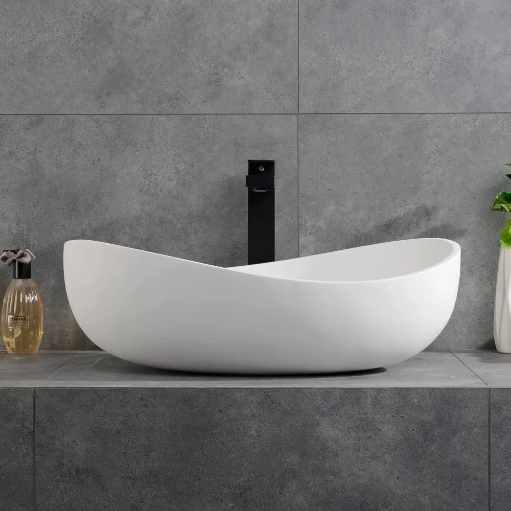 COGITIL Bathroom Sink, 22" Oval Vessel Bowl Sink Stone Resin Modern Artistic Design for Vanity Countertops Matte White with Pop Up Drain (Glossy White)