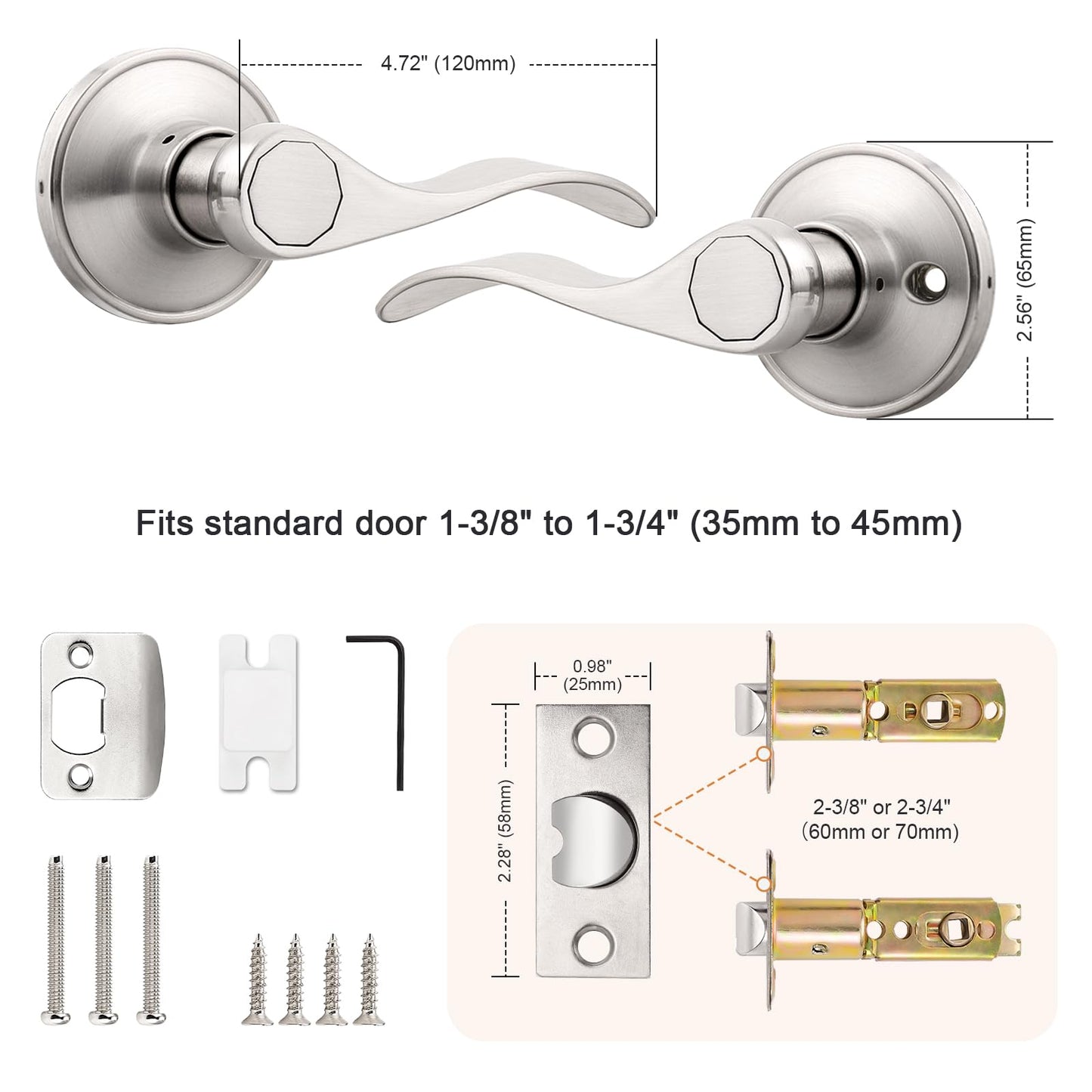 Probrico Passage Door Levers Satin Nickel Interior Door Handle for Hallway and Closet, Keyless Non-Locking Door Levers, 3 Pack