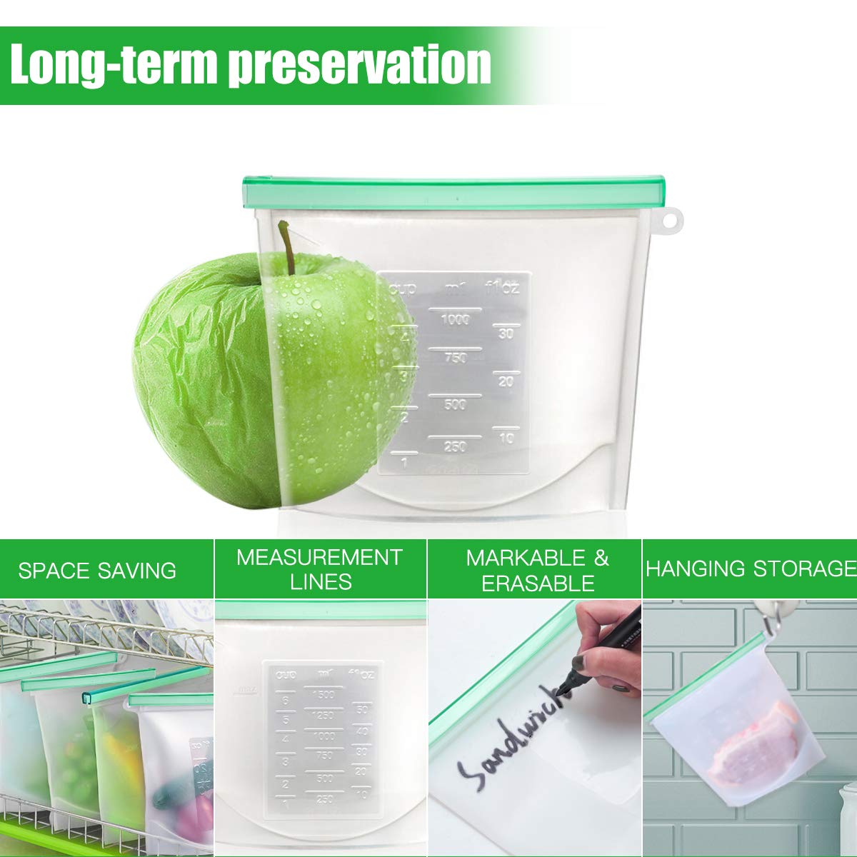 【Upgrade】Cadrim Reusable Extra Thick Silicone Food Storage Bags - 6 Packs Zipper Freezer Bags For Marinate Meats Sandwich, Snack, Cereal,Fruit Meal Prep, Leakproof, Dishwasher-Safe Lunch Storage Bags