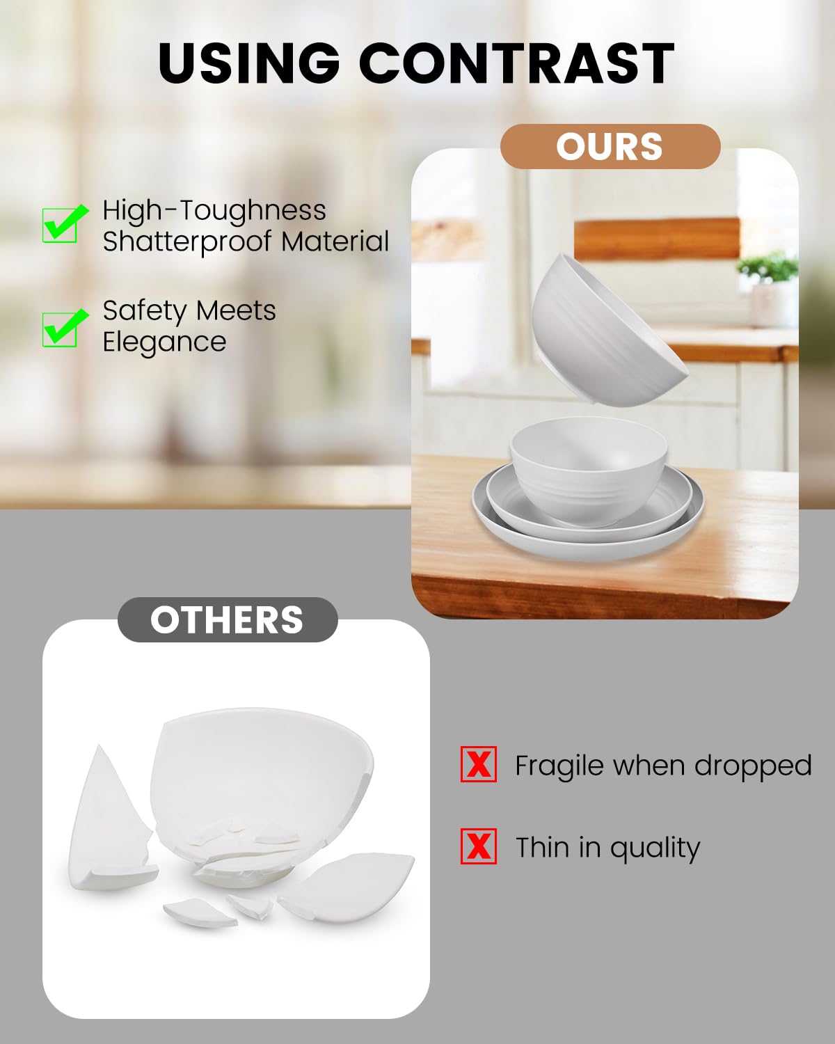 48 Piece Plates and Bowls Sets for 8- Unbreakable Wheat Straw Dinnerware Sets Includes Stainless Steel Forks for Picnic Camping Outdoor Kitchen and Apartment Dinning RV Essentials-White