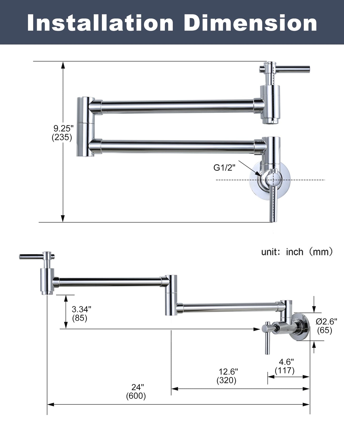 iVIGA Wall Faucet, Pot Fillers Wall Mount for Kitchen, Solid Copper Chrome Pot Filler Single Hole Folding Faucet with Double Joint Swing Arm Pot Filler Over Stove