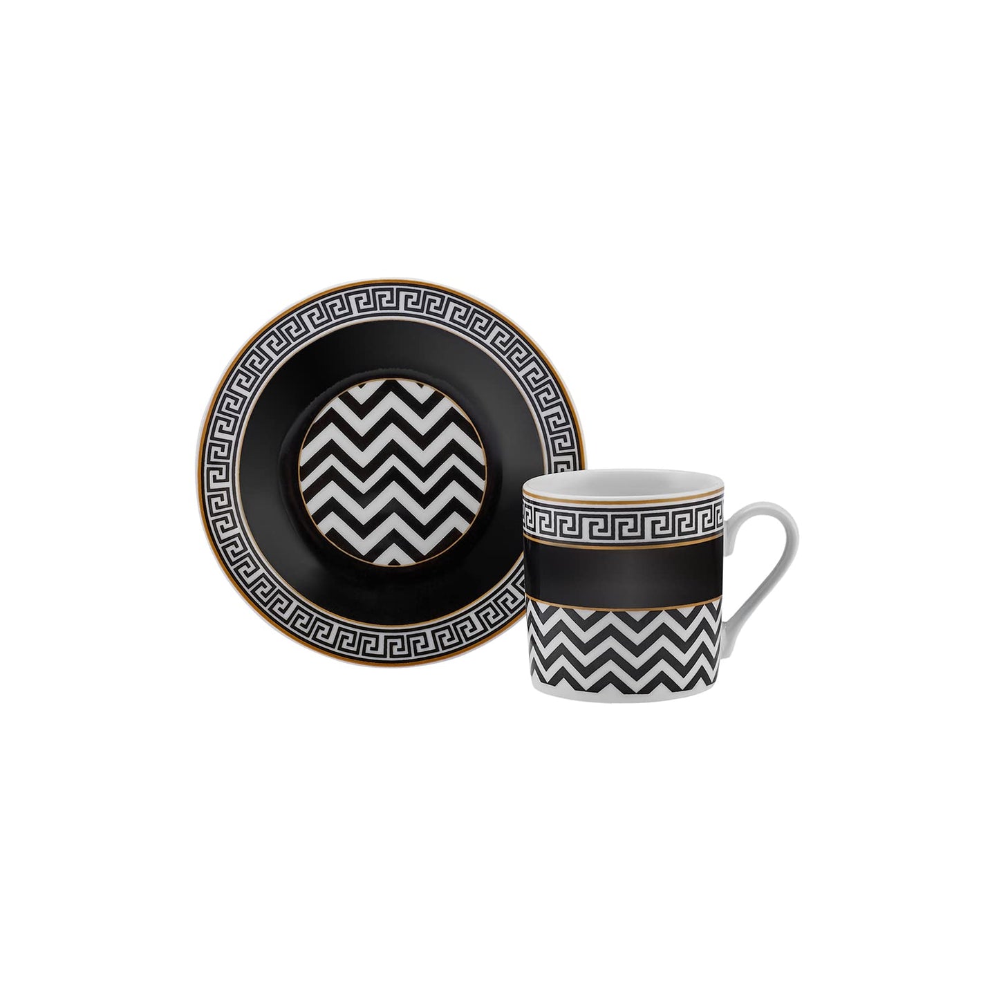KARACA Helenistic Turkish Coffee Cups Set for 6, 12 Piece Porcelain Espresso Cups with Saucers, 80ML Demitasse Coffee Set, Black, Modern Elegant Design for Home & Gift